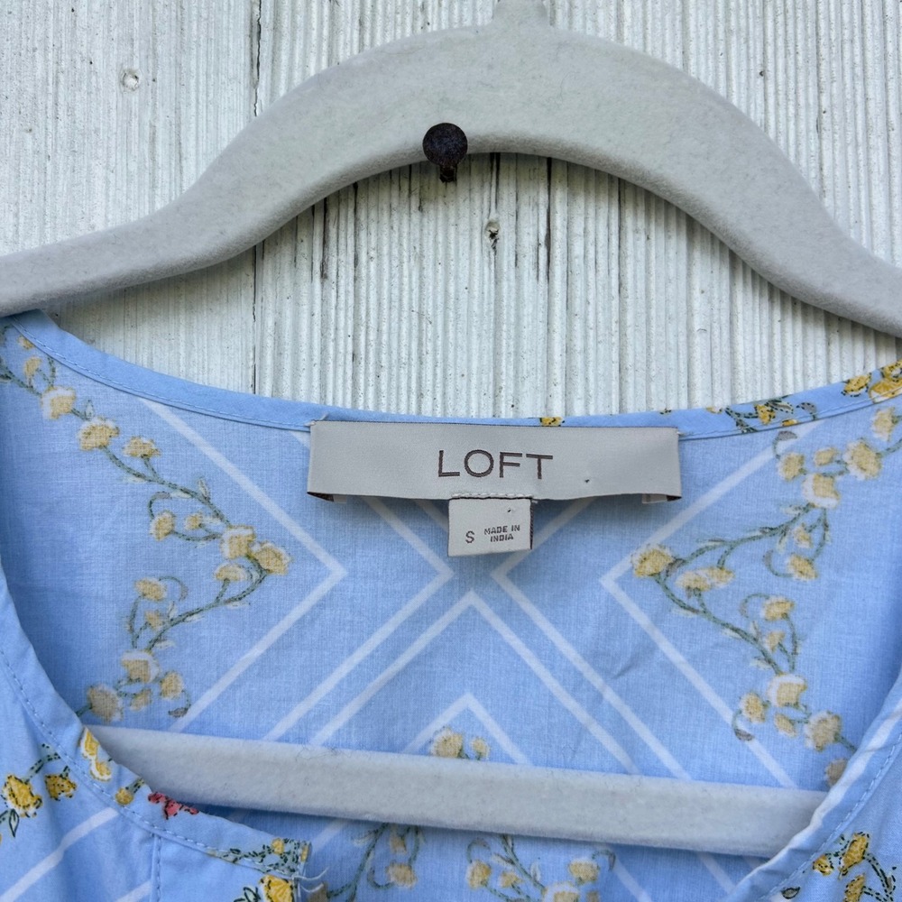 LOFT Women's Small Blue Floral Print Tiered Midi Dress Short Sleeve Pockets - Picture 5 of 8